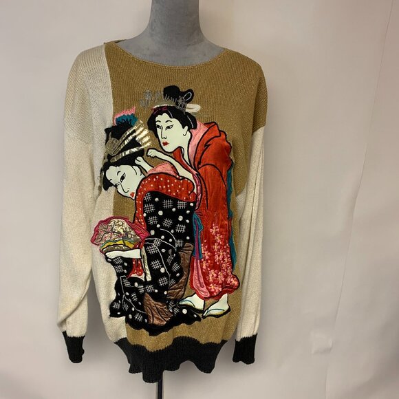Bonnie Boerder Womens Sweater Size M Vintage 80s Asia Inspired Appliqued Rare - Picture 1 of 14
